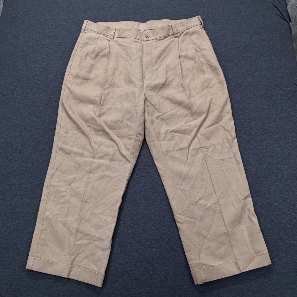 Jos‎ A Bank Pants Mens 40x26 Linen Classic Collection Pleated Cuffed Khaki Tan